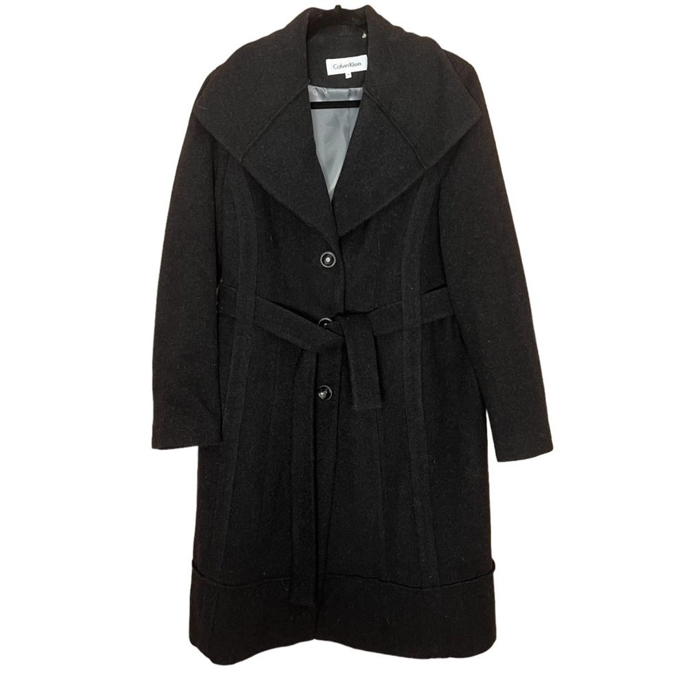 Calvin Klein Size 12 Wool Blend Winter Coat Dark Charcoal Gray Peacoat Belted
